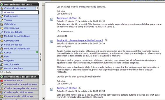 Ejemplo de captura de pantalla especificando las tutorías